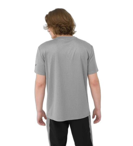Gray 4F sport T-shirt with short sleeves, suitable for outdoor activities like camping and hiking, shown on a model.