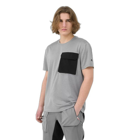 Gray 4F sport T-shirt with short sleeves, ideal for outdoor activities like camping and hiking, displayed on a hanger.