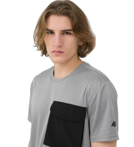 Gray 4F sport T-shirt with short sleeves, suitable for outdoor activities like camping and hiking, shown on a model.