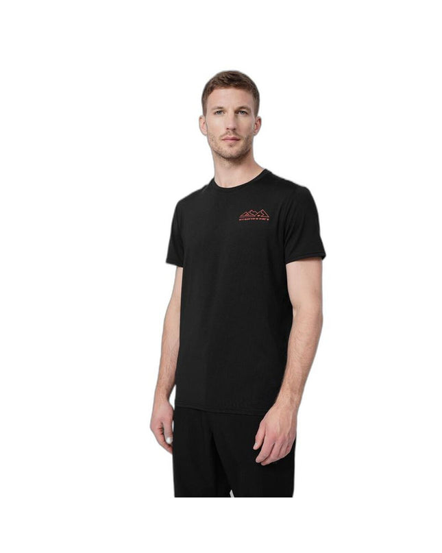 Black 4F sport T-shirt with short sleeves, ideal for outdoor activities like camping and hiking.