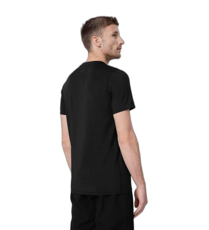 Black 4F short-sleeve sport T-shirt ideal for outdoor activities like camping and hiking, featuring breathable fabric and athletic fit.