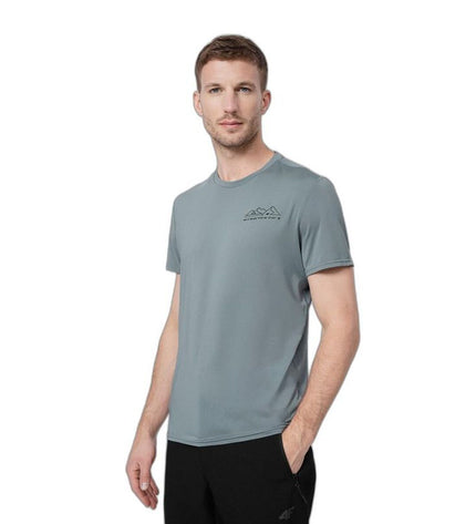 Gray 4F short-sleeve T-shirt for sport and outdoor activities, ideal for camping and hiking, shown on a plain background.