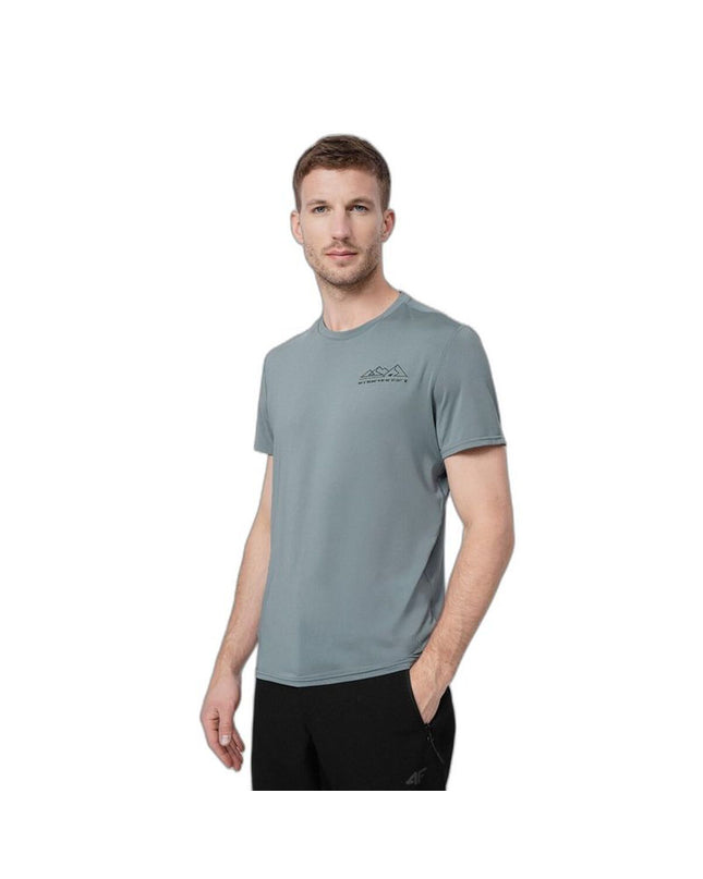 Gray 4F short-sleeve T-shirt for sport and outdoor activities, ideal for camping and hiking, shown on a plain background.