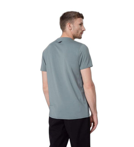 Gray 4F sport T-shirt with short sleeves, ideal for outdoor activities, camping, and hiking, shown on a hanger.