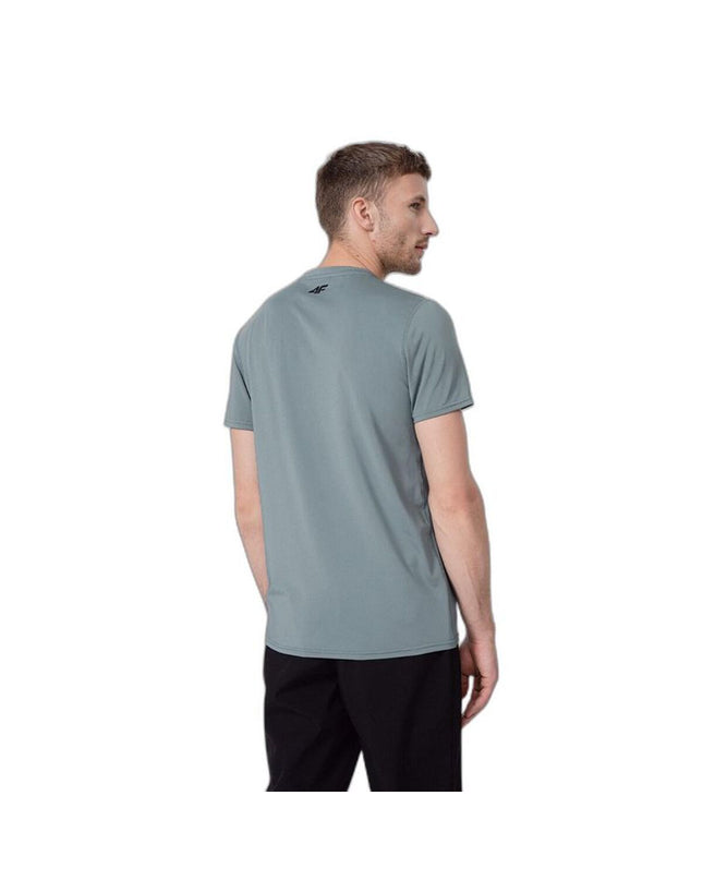 Gray 4F sport T-shirt with short sleeves, ideal for outdoor activities, camping, and hiking, shown on a hanger.