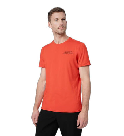 Red 4F sport t-shirt with short sleeves, ideal for outdoor activities like camping and hiking, shown on a model.
