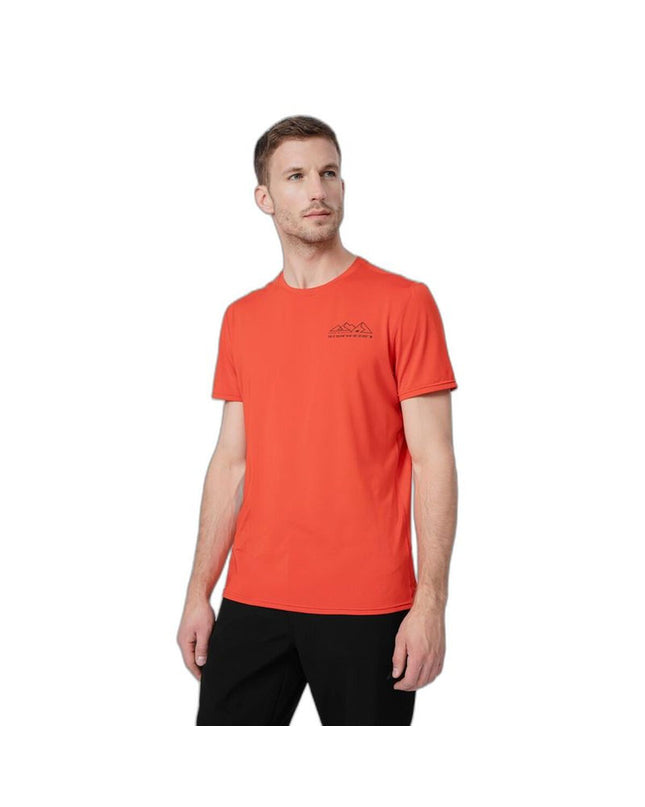 Red 4F sport t-shirt with short sleeves, ideal for outdoor activities like camping and hiking, shown on a model.