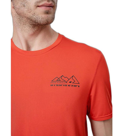 Red 4F short-sleeve T-shirt for sport and outdoor activities, ideal for camping and hiking, shown with a casual fit.