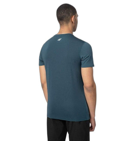 Dark blue 4F Fnk short-sleeve T-shirt ideal for outdoor activities like camping and hiking, shown in a casual outdoor setting.