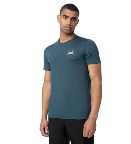 Dark blue 4F short-sleeve T-shirt for sports and outdoor activities, suitable for camping and hiking.