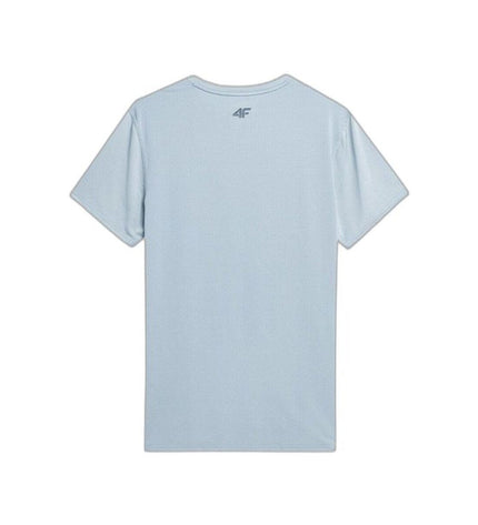 Light blue 4F short sleeve T-shirt, suitable for sports and outdoor activities like camping and hiking, casual fit.