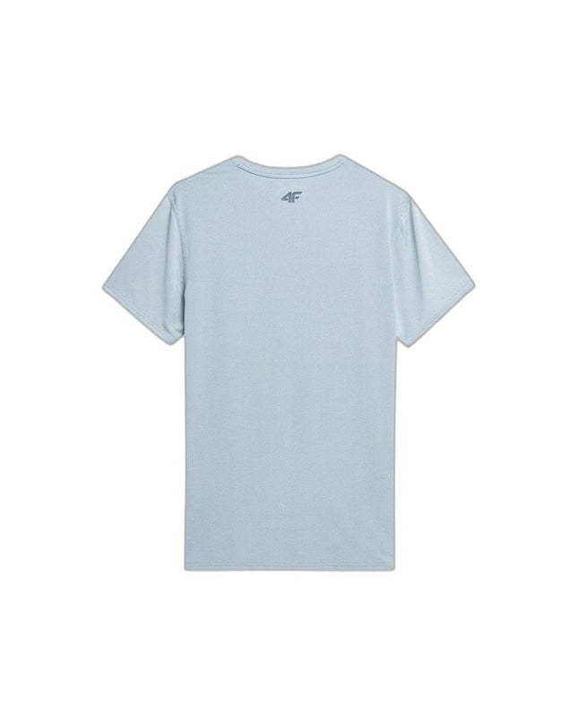 Light blue 4F short sleeve T-shirt, suitable for sports and outdoor activities like camping and hiking, casual fit.
