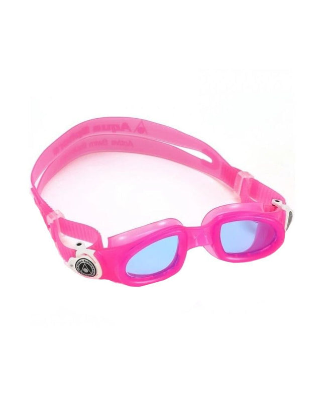 Aqua Sphere Moby fuchsia swimming goggles for water sports, featuring a sleek design and adjustable strap, one size fits most.