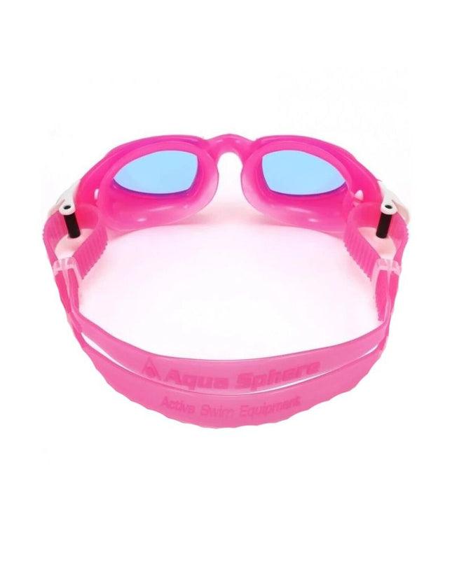 Aqua Sphere Moby fuchsia swimming goggles for watersport and outdoor activities, with one size fit, shown on a model.