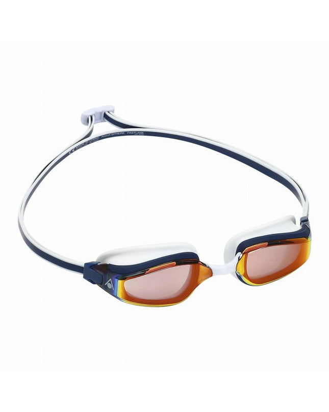 Blue Aqua Sphere Fastlane swimming goggles with adjustable strap, designed for watersport and outdoor swimming activities.