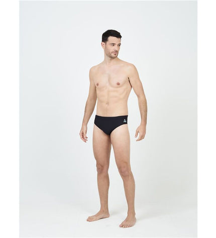 Aqua Sphere men's black swim brief with 8cm waistband, designed for water sports and outdoor swimming.