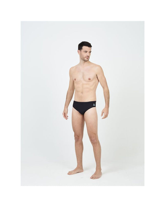 Aqua Sphere men's black swim brief with 8cm waistband, designed for water sports and outdoor swimming.