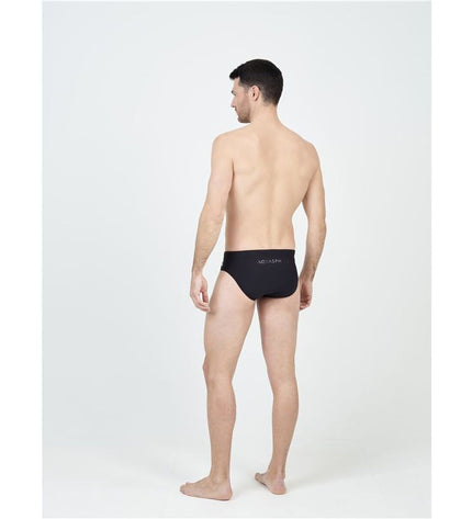 Black Aqua Sphere Essentials 8cm men's swim brief for water sports and outdoor swimming activities.