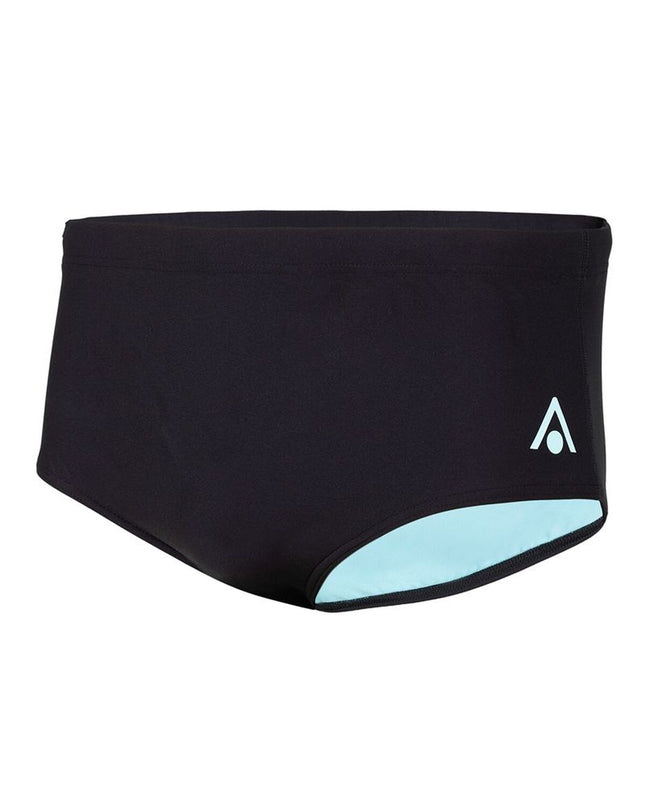 Black men's Aqua Sphere swim brief for water sports, featuring a snug fit and durable fabric for swimming activities.