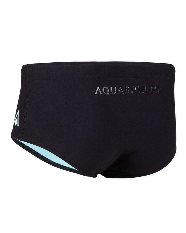 Black men's Aqua Sphere swim trunks for water sports, featuring a sleek design for outdoor swimming and aquatic activities.