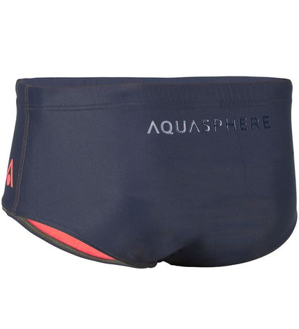 Black and marine blue Aqua Sphere men's 14cm swim trunks, sport and outdoor watersport swimwear, front view with logo.