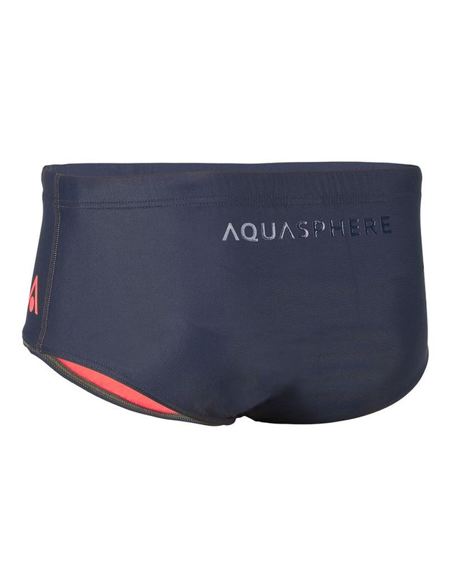 Black and marine blue Aqua Sphere men's 14cm swim trunks, sport and outdoor watersport swimwear, front view with logo.