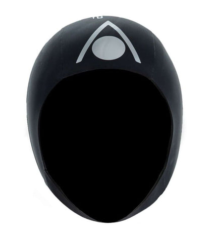 Black Aqua Sphere Aquaskin V2 swim cap for watersports and outdoor activities, designed for comfort and performance.