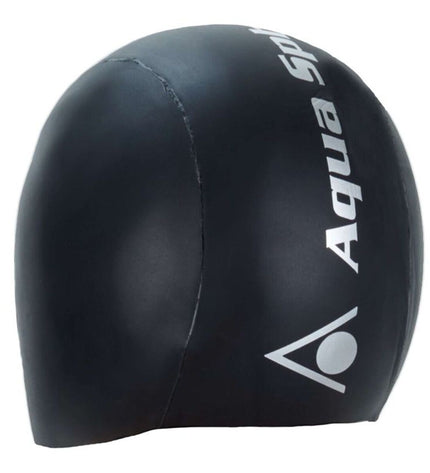 Black Aquaskin V2 swim cap by Aqua Sphere, made for water sports and outdoor swimming activities with a snug fit and sleek design.
