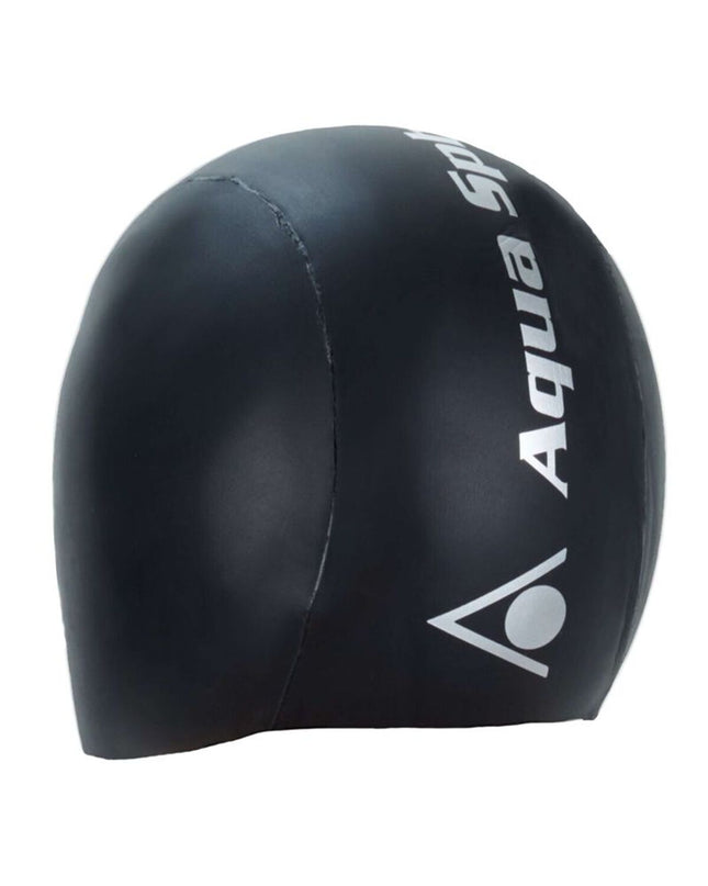 Black Aquaskin V2 swim cap by Aqua Sphere, made for water sports and outdoor swimming activities with a snug fit and sleek design.