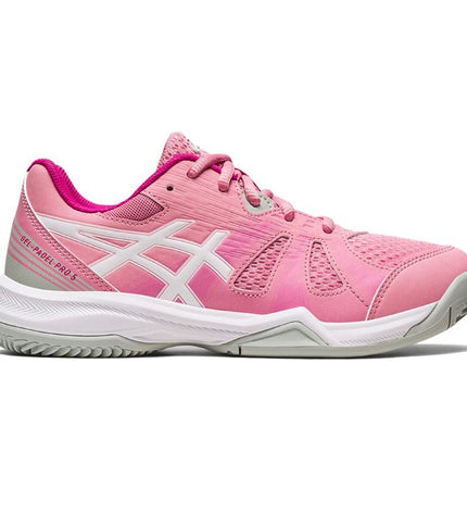 Kids' Asics Gel-Pádel Pro 5 Gs pink tennis shoes for outdoor sports, designed for children playing padel and tennis.