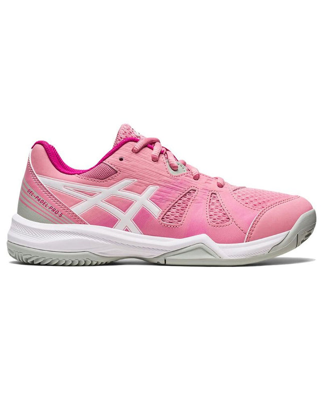 Kids' Asics Gel-Pádel Pro 5 Gs pink tennis shoes for outdoor sports, designed for children playing padel and tennis.
