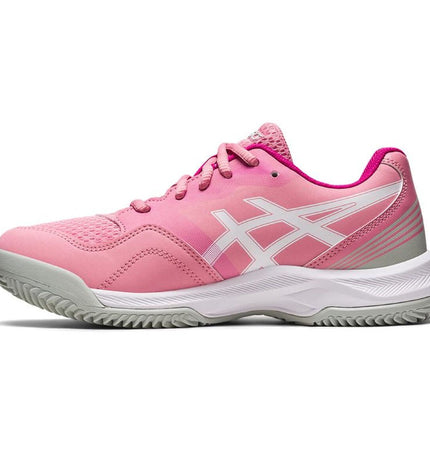 Kids' Asics Gel-Pádel Pro 5 Gs pink tennis shoes for outdoor sports, featuring sporty design and supportive sole.