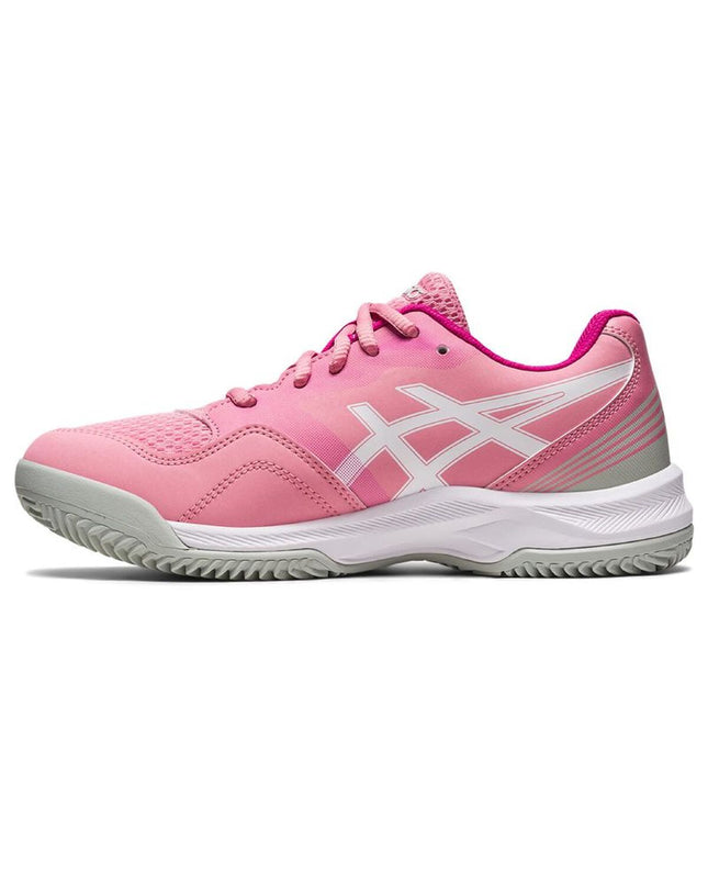 Kids' Asics Gel-Pádel Pro 5 Gs pink tennis shoes for outdoor sports, featuring sporty design and supportive sole.