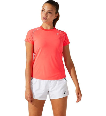 Asics short-sleeve sport tennis T-shirt in coral with piping, designed for active outdoor play and comfortable movement.