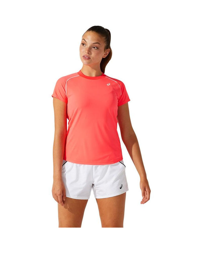Asics short-sleeve sport tennis T-shirt in coral with piping, designed for active outdoor play and comfortable movement.