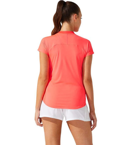 Asics tennis sport T-shirt with short sleeves, coral color, piping design, suitable for outdoor tennis activities.