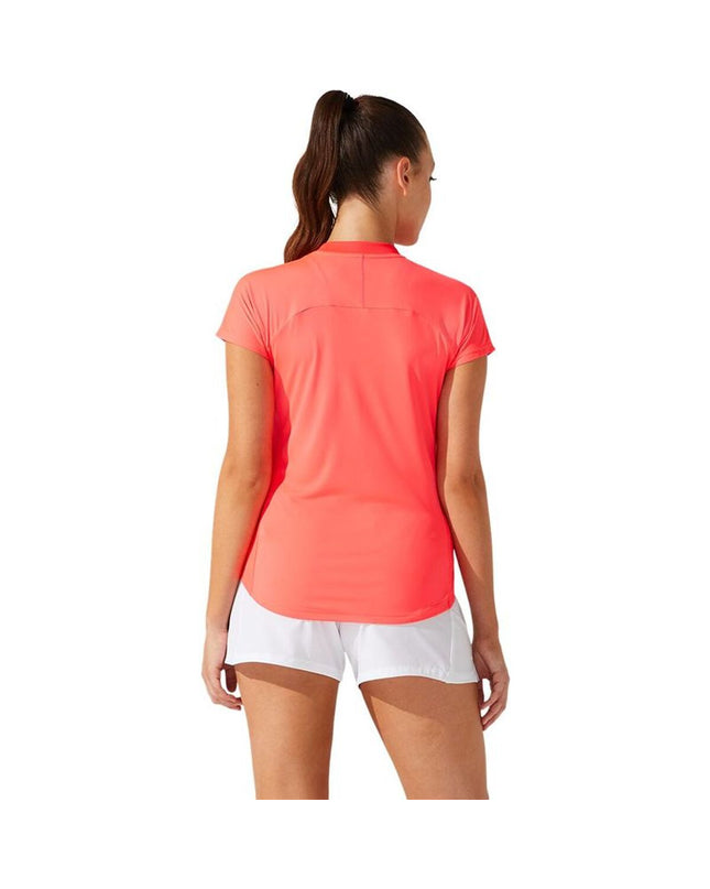 Asics tennis sport T-shirt with short sleeves, coral color, piping design, suitable for outdoor tennis activities.