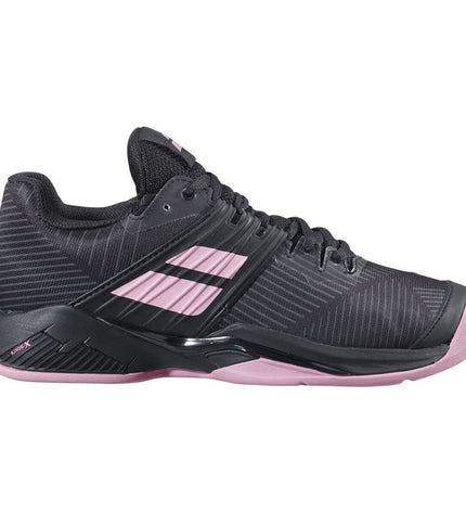 Black Babolat Propulse Fury Clay tennis shoes for women, sport and outdoor footwear with supportive design.