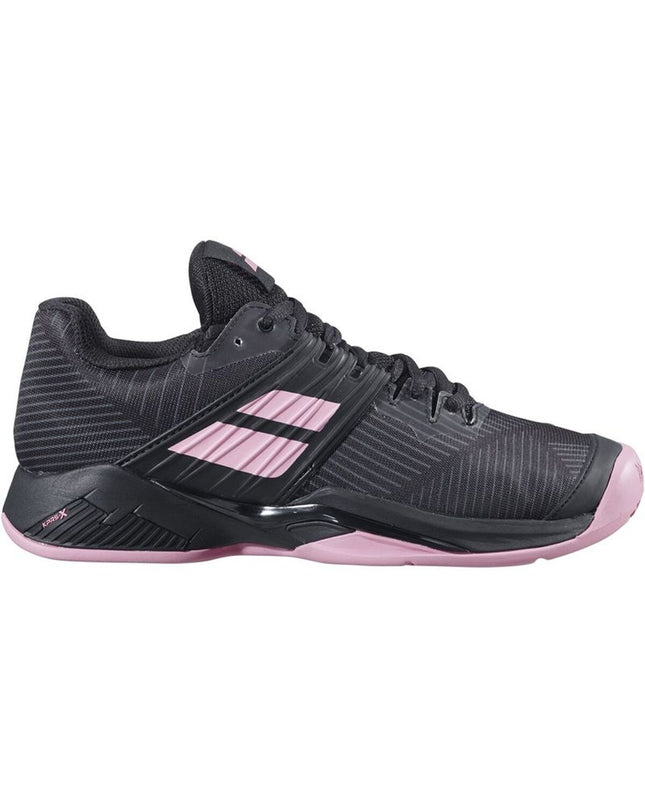 Black Babolat Propulse Fury Clay tennis shoes for women, sport and outdoor footwear with supportive design.