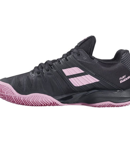 Black Babolat Propulse Fury Clay tennis shoes for women, designed for outdoor tennis with durable sport features.