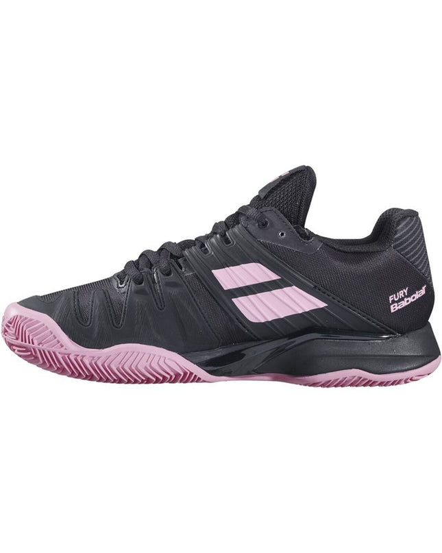 Black Babolat Propulse Fury Clay tennis shoes for women, designed for outdoor tennis with durable sport features.