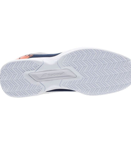 Dark blue Babolat Jet Clay adult tennis shoes for outdoor sport and tennis, featuring breathable mesh and durable outsole.