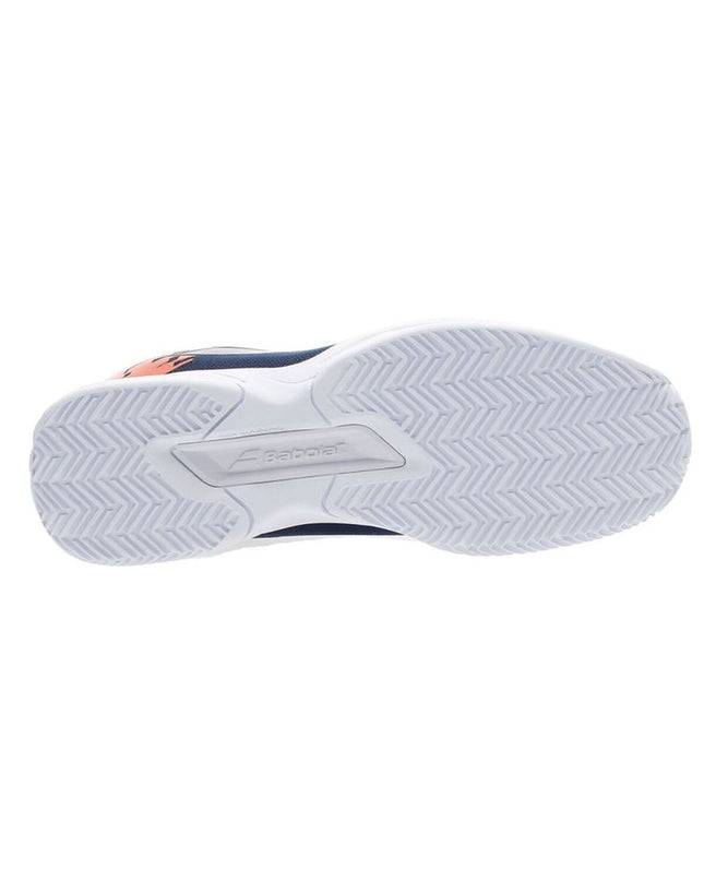 Dark blue Babolat Jet Clay adult tennis shoes for outdoor sport and tennis, featuring breathable mesh and durable outsole.