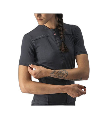 Black Castelli Anima 3 cycling jersey for sport and outdoor riding, shown on a hanger with front view.