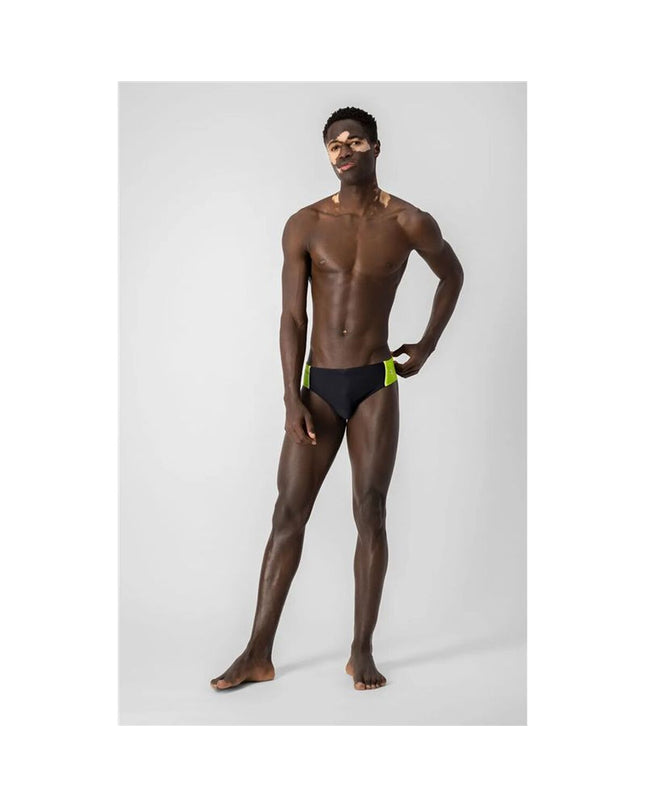 Champion men's swim brief, sport and outdoor watersport swimwear, navy blue with Champion logo, worn by a man in water.
