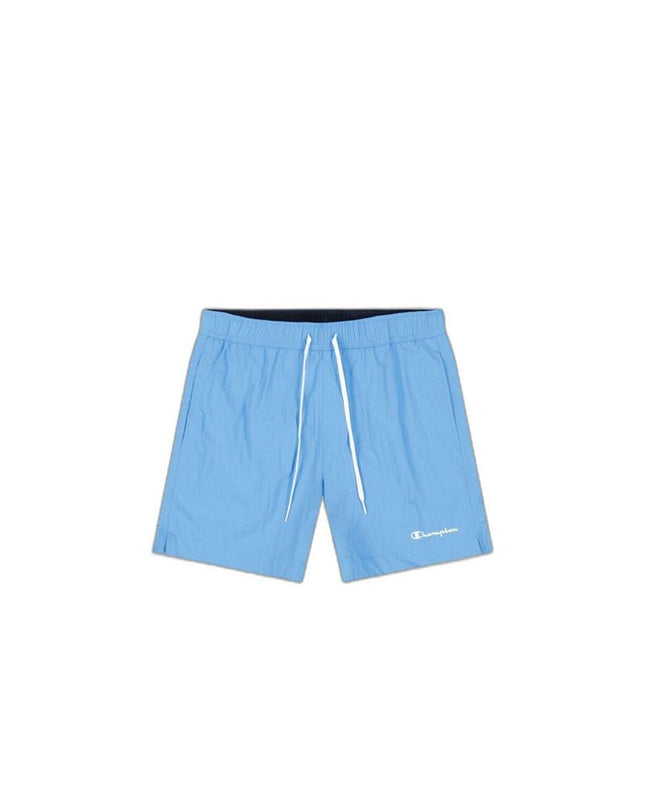 Champion men's swim shorts, sport and outdoor watersport swimwear, featuring a blue and black design with logo details.