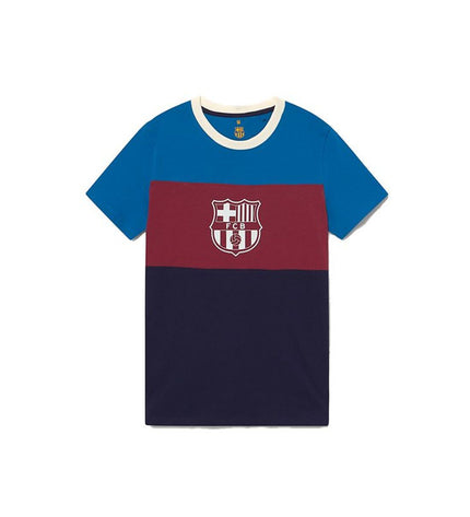 F.C. Barcelona men's short-sleeve football T-shirt with tricolor design, sportswear for outdoor football activities.