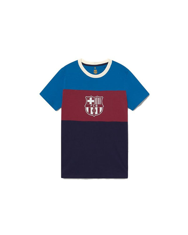 F.C. Barcelona men's short-sleeve football T-shirt with tricolor design, sportswear for outdoor football activities.