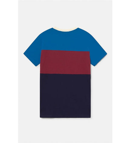 F.C. Barcelona men's short-sleeve football T-shirt with tricolor design, sportswear for outdoor soccer activities.