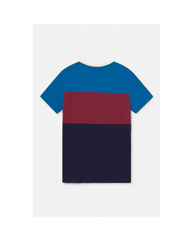 F.C. Barcelona men's short-sleeve football T-shirt with tricolor design, sportswear for outdoor soccer activities.